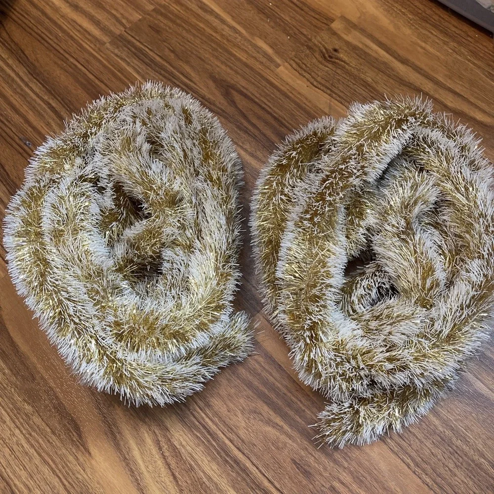 Vtg MCM Christmas Double Glo Tinsel Garland Snow Soft‎ Fluffy gold 24ft Frosted